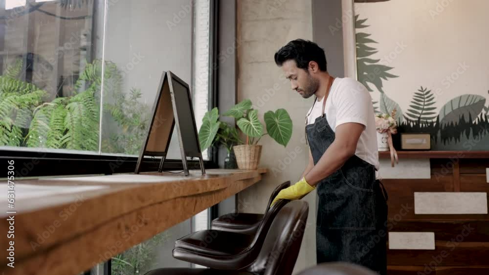 4k, small business restaurant cafe coffee shop owner lifestyle multitask concept, Indian barista man wearing apron using gloves hygiene cleaning set up tables and chairs before welcome opening cafe