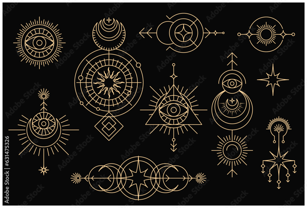 Set of mystical magic symbols, occult tarot signs and spiritual emblems with sun, moon and stars, all-seeing eye, tribal marks, vector - obrazy, fototapety, plakaty 