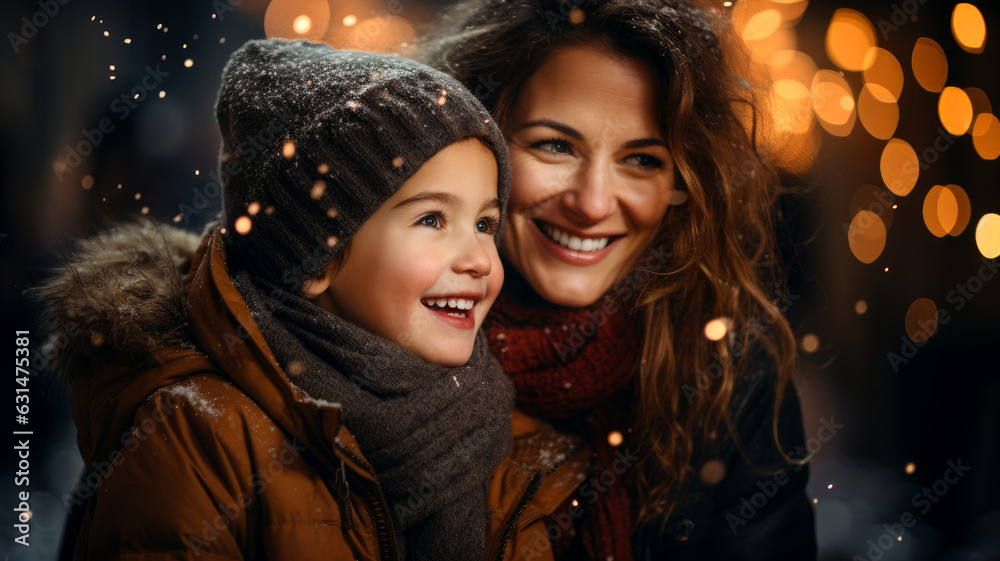 Mother and child having wonderful time on traditional Christmas market on winter evening. Parent and kid enjoying themselves in Christmas town decorated with lights.