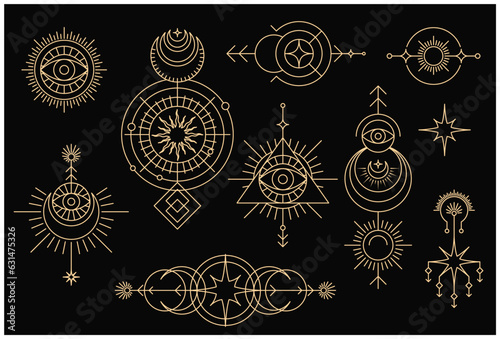 Set of mystical magic symbols, occult tarot signs and spiritual emblems with sun, moon and stars, all-seeing eye, tribal marks, vector
