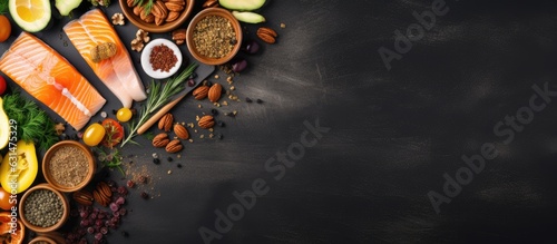 Top view of various food sources of omega 3 on a dark background with copy space. These include