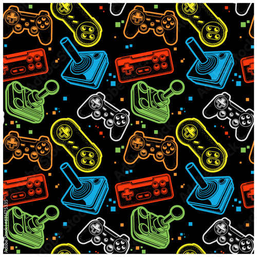 Seamless bright pattern with joysticks, motley gamepads seamless pattern, console gaming print, vector