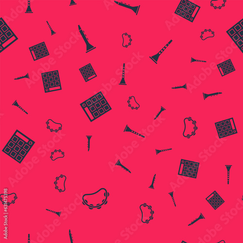 Set Tambourine, Clarinet, Drum machine and on seamless pattern. Vector