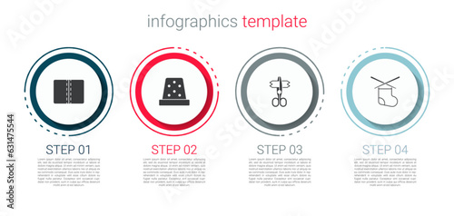 Set Textile fabric roll, Thimble for sewing, Scissors and Knitting needles. Business infographic template. Vector