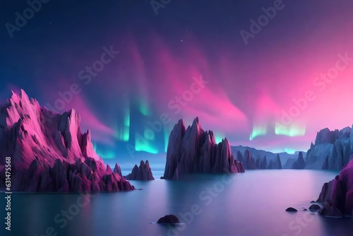 3D Render  Abstract Panoramic Background. Seascape with cliffs under the pink-blue night gradient sky with northern lights  Generative AI
