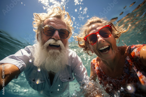 Cheerful senior couple swimming in a pool on sunny summer evening. Retired husband and wife going on vacation. Retirement hobby and leisure activity for elderly people.