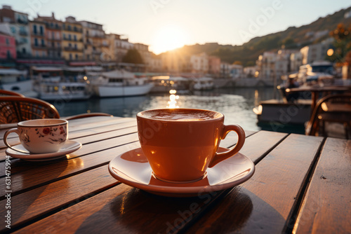 A cup of coffee on a table of outdoor restaurant in small seaside town in Italy. Having breakfast coffee in Italian scenery on sunny summer morning.