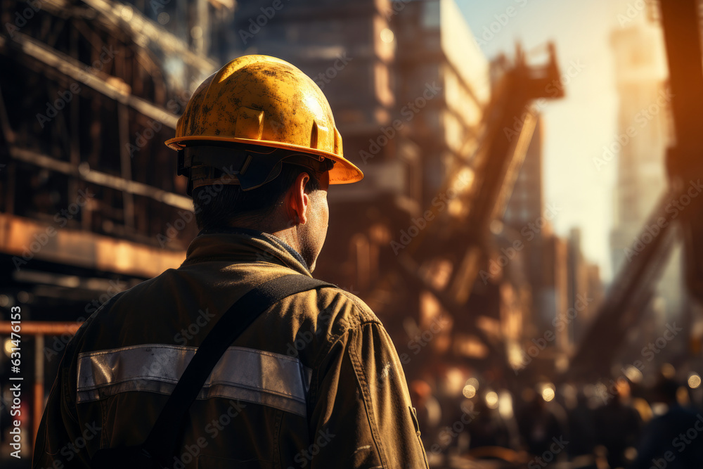 Back view of a construction worker wearing yellow safety helmet and a uniform at construction site. Housebuilder in sturdy work outfit. Back view of a construction worker wearing yellow safety helmet and a uniform at construction site. Housebuilder in sturdy work outfit.