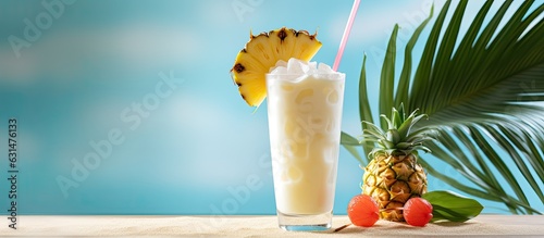 A tropical Pina Colada drink, with or without alcohol, served in a Tiki glass decorated with