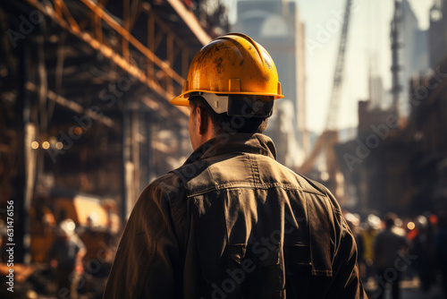 Back view of a construction worker wearing yellow safety helmet and a uniform at construction site. Housebuilder in sturdy work outfit.