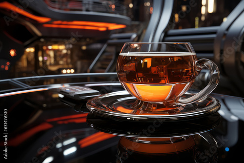 A cup of tea served in futuristic space bar on another planet.