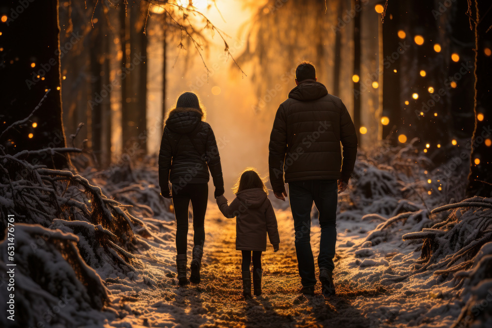 Family with kids walking in the woods in wintertime. Beautiful sunset in snowy winter forest. Spending quality time together, active leisure for family with kids. Family with kids walking in the woods in wintertime. Beautiful sunset in snowy winter forest. Spending quality time together, active leisure for family with kids.