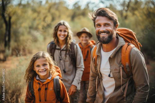 Happy family with small kids enjoying a hike in a forest on sunny summer day. Active family leisure with children. Hiking and trekking on a nature trail.