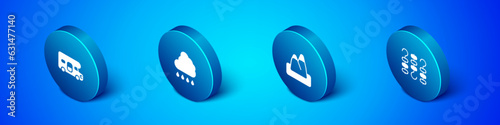 Set Isometric RV motorhome vehicle, Mountains, Grilled shish kebab on skewer and Cloud with rain icon. Vector