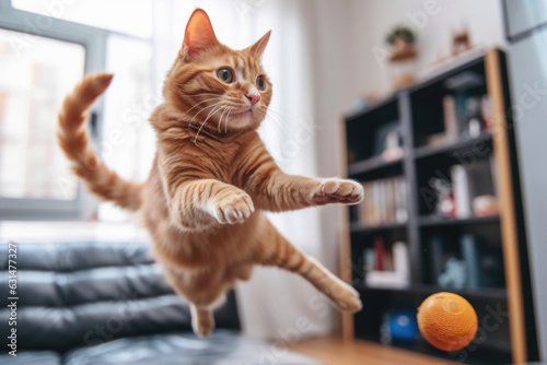 Foto Ginger cat jumping around playing with a cat toy at home