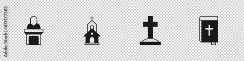 Set Church pastor preaching, building, Grave with cross and Holy bible book icon. Vector