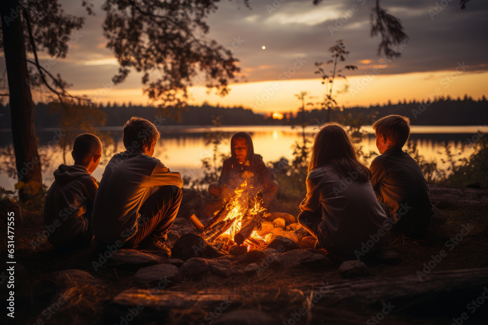 A group of children sitting by a bonfire on warm summer night. Active family leisure with kids. Hiking and trekking on a nature trail. A group of children sitting by a bonfire on warm summer night. Active family leisure with kids. Hiking and trekking on a nature trail.