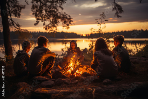 A group of children sitting by a bonfire on warm summer night. Active family leisure with kids. Hiking and trekking on a nature trail.