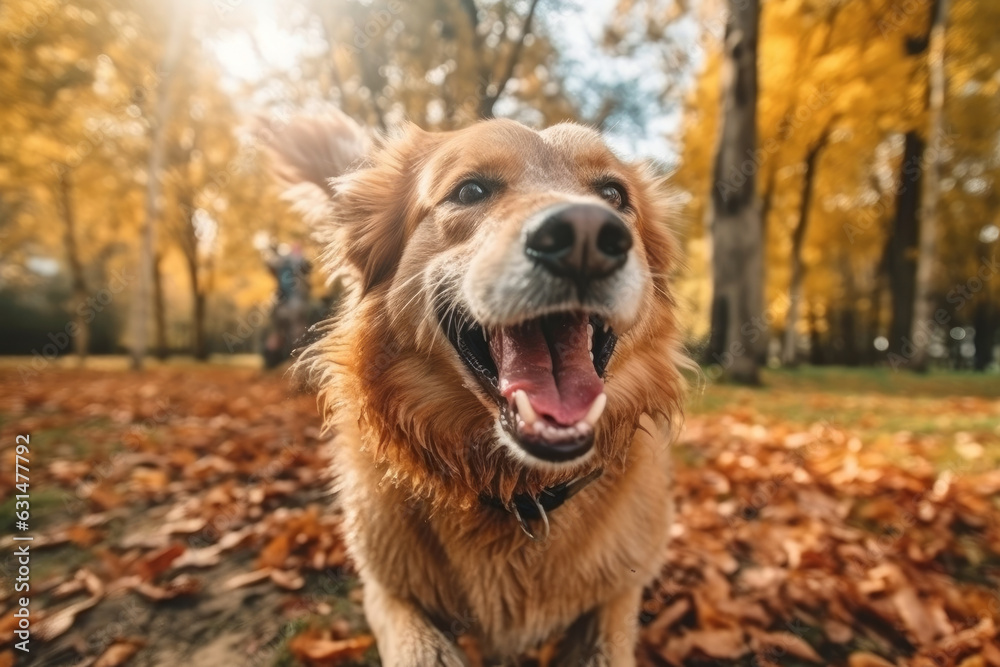 Friendly happy dog running at fast pace towards the camera in a city park on sunny autumn day. Walking a dog outdoors. Super wide angle shot. Friendly happy dog running at fast pace towards the camera in a city park on sunny autumn day. Walking a dog outdoors. Super wide angle shot.