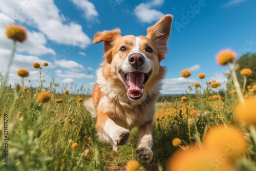 Friendly happy dog running at fast pace towards the camera in a blossoming flower meadow on sunny summer day. Walking a dog outdoors. Super wide angle shot.