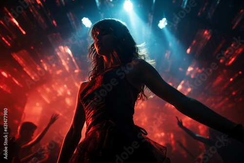 Beautiful young girl dancing in a spotlight in a nightclub. Disco lights, colorful reflections and light flares. People dancing in background.