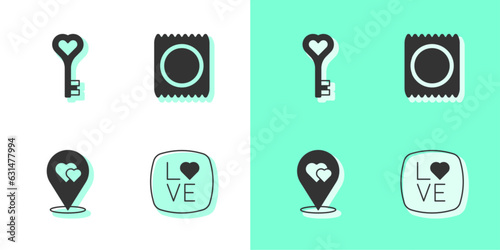 Set Love text, Key in heart shape, Location with and Condom package icon. Vector