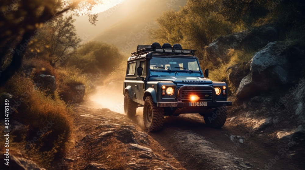 Obraz premium Rusty Adventures: Off-Road Drive in Vintage 4x4 Vehicles through Desert and Mud, generative AI