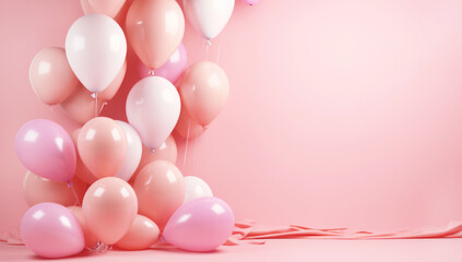 Pastel pink table with colorful balloons and confetti for birthday top view. Flat lay style. AI generated