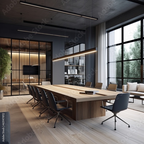 Beautiful interior comercial space modern corporate office working space design mockup template ideas of conference room in wooden material scheme decoration concept background,ai generate