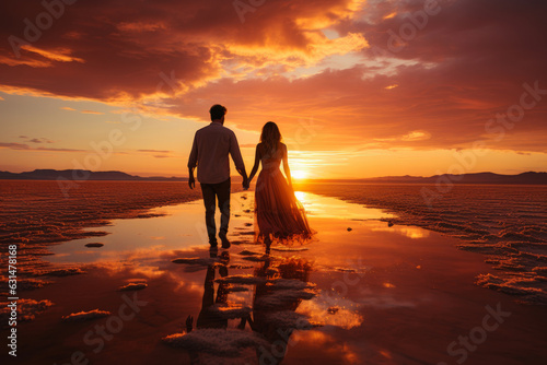 Silhouettes of a young couple admiring beautiful view on sunset. Man and woman looking at scenic evening landscape.