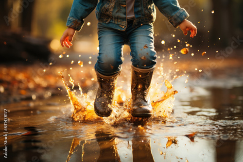 Toddler child playing in a a puddle on sunny autumn evening in city park. Child exploring nature. Fun autumn activities for small kids.