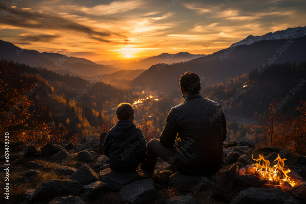 Young father with a little boy sitting by a bonfire on warm summer night. Active family leisure with children. Hiking and trekking on a nature trail.