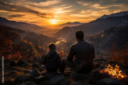 Young father with a little boy sitting by a bonfire on warm summer night. Active family leisure with children. Hiking and trekking on a nature trail.