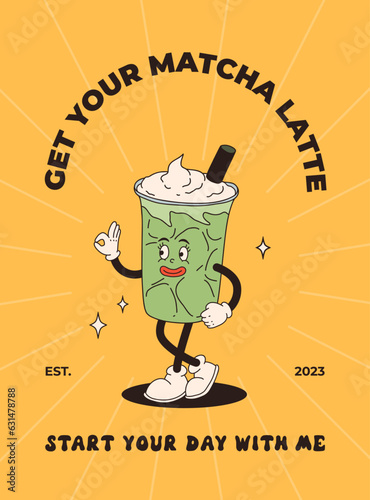 Retro poster with coffee mascot, cartoon characters, funny colorful doodle style characters, cappuccino, cocoa, latte, espresso, matcha, bobba. Vector groovy characters on colorful background