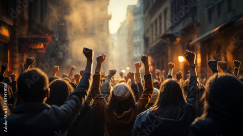Group of protesters with their fists raised up in the air. Activists protesting on the street. People publicly demonstrating opposition. Gloomy city scenery. © MNStudio