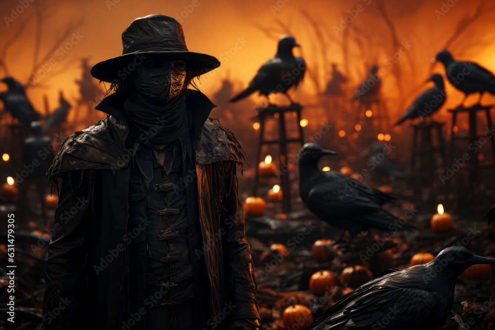 Young man dressed as a terrifying scarecrow. Male wearing scary Halloween make-up on a spooky pumpkin patch with vicious black crows.