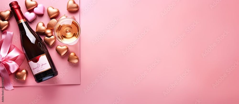 Valentines Day greeting card featuring a champagne bottle, two glasses, chocolate hearts, and