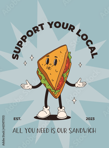 Vector cartoon retro mascot of bread, pastry, burger, sandwich. Vintage style 70s, 60s, 50s character. Groovy poster for bakery and restaurants