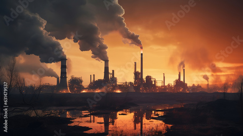 Heavy industry pollutes factory ecology catastrophe. Dirty air smog. Generative AI