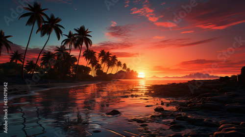 Beautiful sunset tropical beach with palm tree and pink sky.