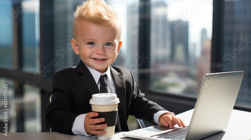 Cute toddler boy dressed as a business man sitting in office chair. Small child with a laptop computer on his desk, drinking coffee. Little boss working in his office.