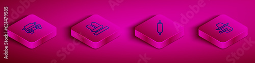 Set Isometric line Car, Fountain, Rolling pin and Pinocchio icon. Vector
