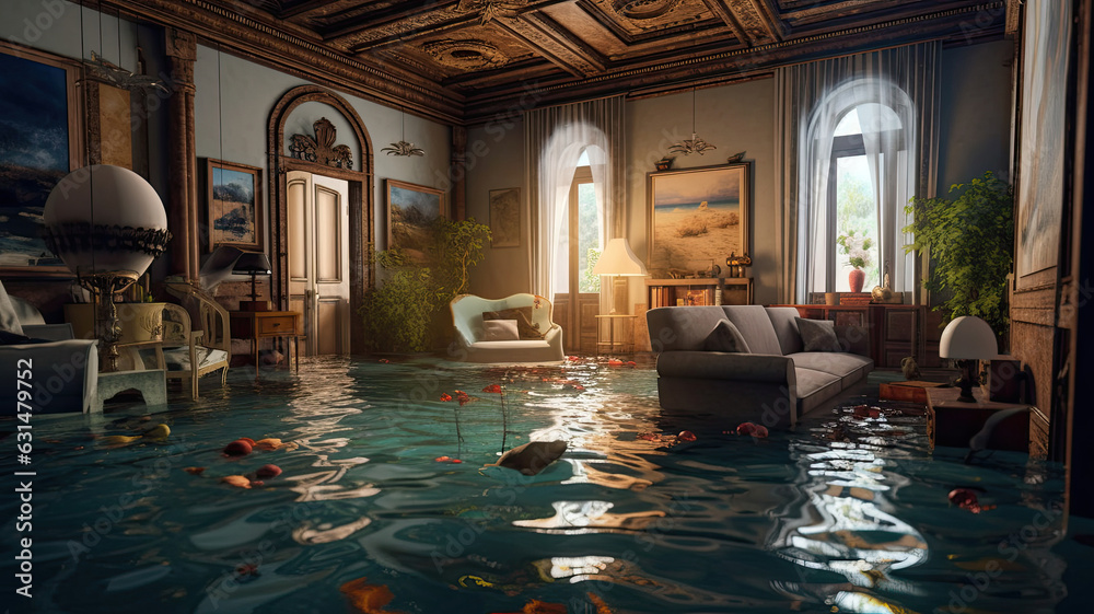 Water damage in living room, flood disaster after hurricane insurance, climate change concept image with floating furniture, interior elements.