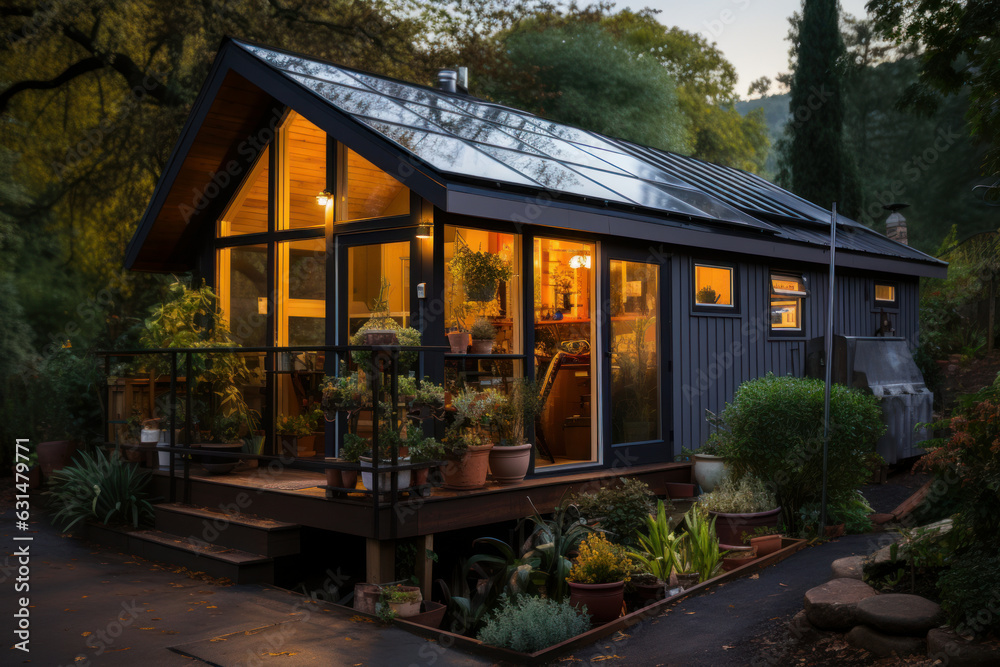 Tiny modern wooden house with solar panels on the roof. Night view of a beautiful big windows house with photovoltaic cells. Tiny modern wooden house with solar panels on the roof. Night view of a beautiful big windows house with photovoltaic cells.