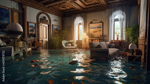 Water damage in living room  flood disaster after hurricane insurance  climate change concept image with floating furniture  interior elements.