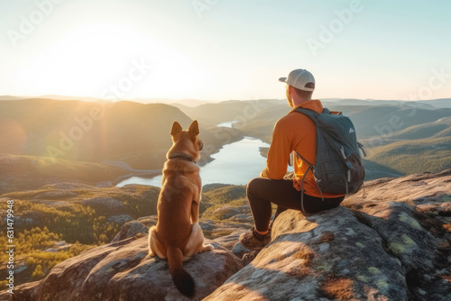 Male hiker and his pet dog admiring a scenic view from a mountain top. Adventurous young man with a backpack. Hiking and trekking on a nature trail. Traveling by foot. © MNStudio