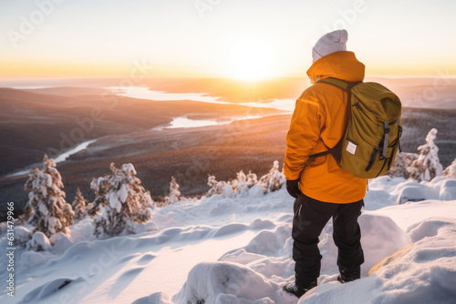 Male hiker admiring a scenic view from a snowy mountain top. Adventurous young man with a backpack. Hiking and trekking on a nature trail. Traveling by foot.