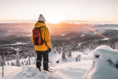 Male hiker admiring a scenic view from a snowy mountain top. Adventurous young man with a backpack. Hiking and trekking on a nature trail. Traveling by foot.