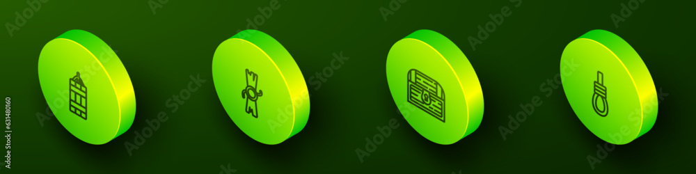 Set Isometric line Dynamite bomb, Decree, parchment, scroll, Antique treasure chest and Gallows rope loop hanging icon. Vector