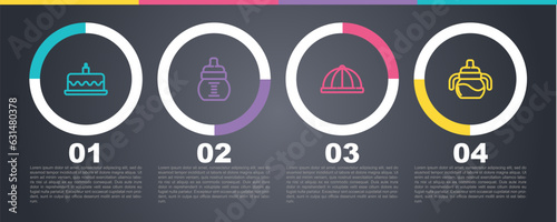 Set line Cake with burning candles, Baby bottle, hat and . Business infographic template. Vector